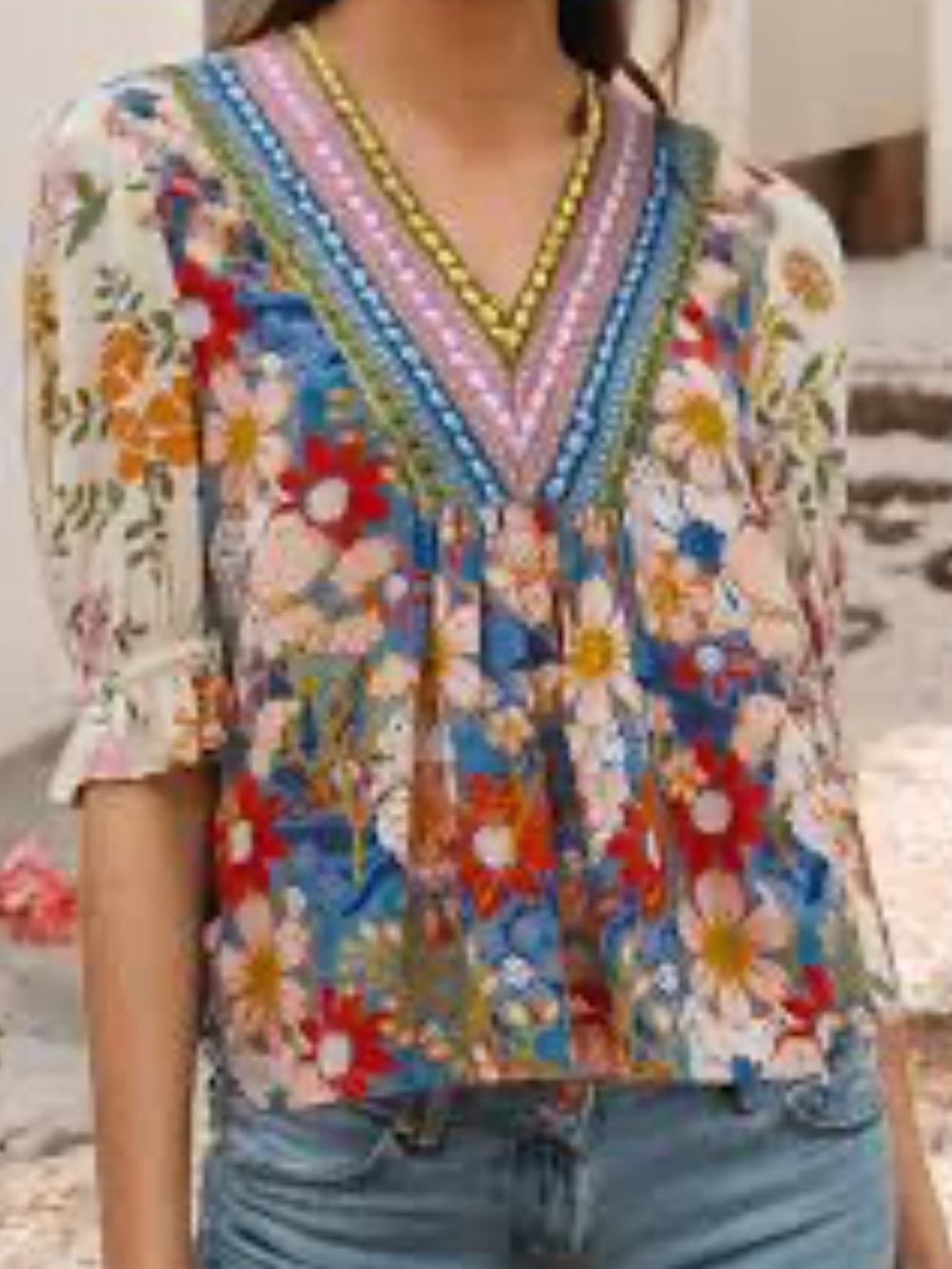 Abella Multicolor Floral V-Neck Half Sleeve Top size XL NWOT